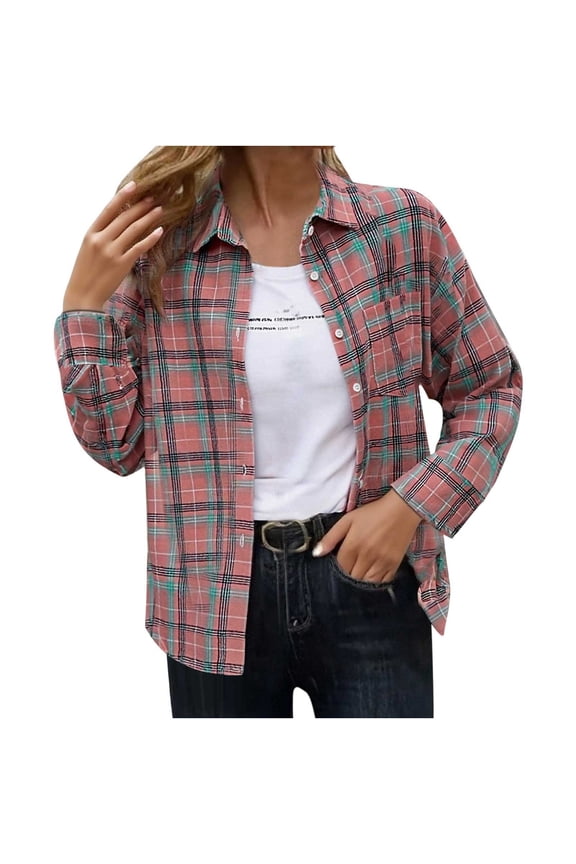 Womens Plaid Printed T-Shirts, Long Sleeve Shirts for Women Business Casual Loose Fit Lapel Button Down Dressy Blouses Fall Clothes