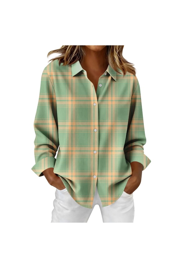 Womens Plaid Printed T-Shirts, Long Sleeve Shirts for Women Fashion Loose Fit Lapel Button Down Dressy Blouses Fall Clothes
