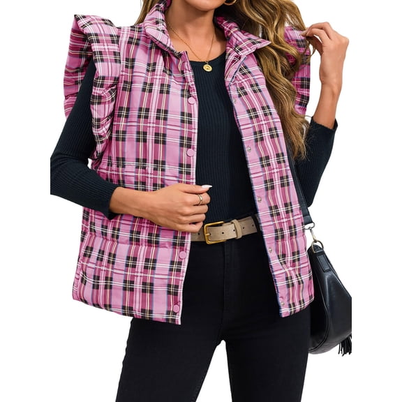 Womens Plaid Puffer Vests Ruffle Sleeveless Lightweight Quilted Vest Fall Winter Padded Gilets Coats