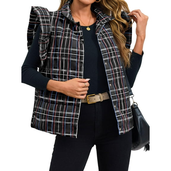 Womens Plaid Puffer Vests Ruffle Sleeveless Lightweight Quilted Vest Fall Winter Padded Gilets Coats