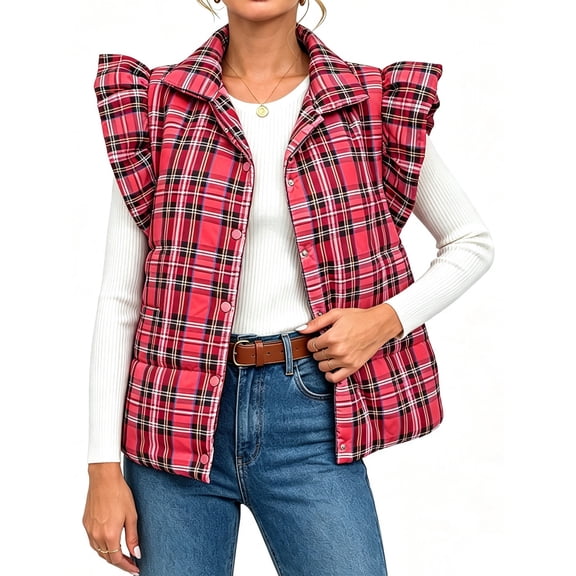 Womens Plaid Puffer Vests Ruffle Sleeveless Lightweight Quilted Vest Fall Winter Padded Gilets Coats