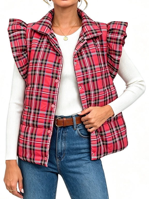 Womens Plaid Puffer Vests Ruffle Sleeveless Lightweight Quilted Vest Fall Winter Padded Gilets Coats