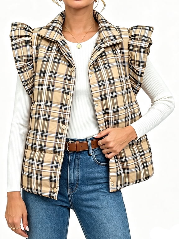 Womens Plaid Puffer Vests Ruffle Sleeveless Lightweight Quilted Vest Fall Winter Padded Gilets Coats
