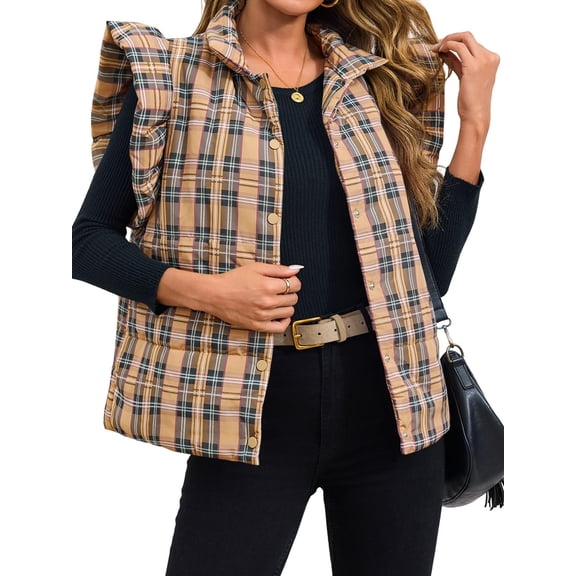 Womens Plaid Puffer Vests Ruffle Sleeveless Lightweight Quilted Vest Fall Winter Padded Gilets Coats