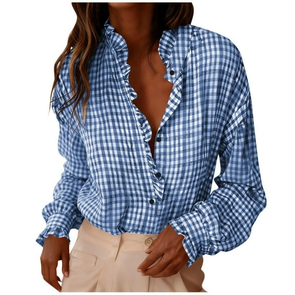 Womens Plaid Ruffle V Neck Button Down Blouse Casual Long Sleeve Gingham Trendy Tops Work Checkered Shirt