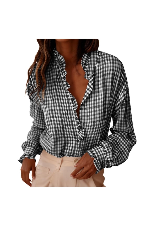 Womens Plaid Ruffle V Neck Button Down Blouse Casual Long Sleeve Gingham Trendy Tops Work Checkered Shirt