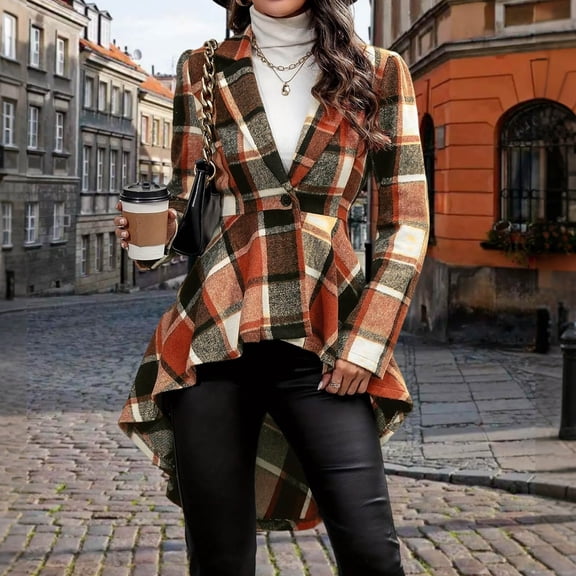 Womens Plaid Ruffled Hem Shacket Jacket Button Open Front Lapel Long Sleeve Trench Coat Fall Winter Outfits New Casual Jackets for Women Plus Size Orange M