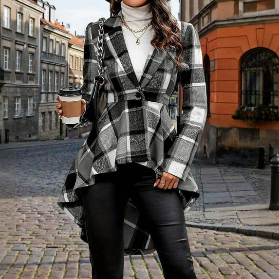 Womens Plaid Ruffled Hem Shacket Jacket Button Open Front Lapel Long Sleeve Trench Coat Fall Winter Outfits New Jacket for Women Gray XXL