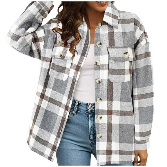 Womens Plaid Shacket Button Down Long Sleeve Lapel Shirt Jacket Oversized Lightweight Fashion Casual Shirts with Pockets