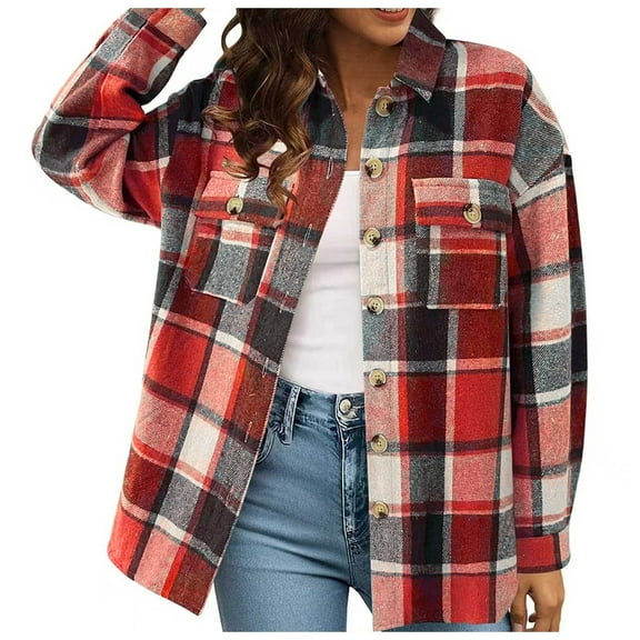Womens Plaid Shacket Button Down Long Sleeve Lapel Shirt Jacket Oversized Lightweight Fashion Casual Shirts with Pockets