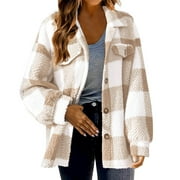 FENGLS Womens Plaid Shacket Jacket Fall And Winter Straight Cardigan Button Pocket Coat