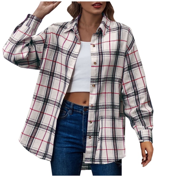 Womens Plaid Shacket Jacket Fall Fashion 2025 Long Sleeve Button Up Flannel Shirt Winter Clothing Woolen Coats Gray,M