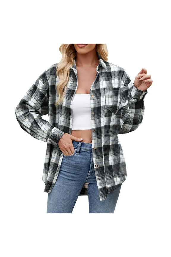 Womens Plaid Shacket Jacket Fall Fashion Casual Lapel Button Pocket Plaid Long Sleeved Shirt Top Jacket Trench Coat Winter Clothing with Pockets Dark Gray,2XL