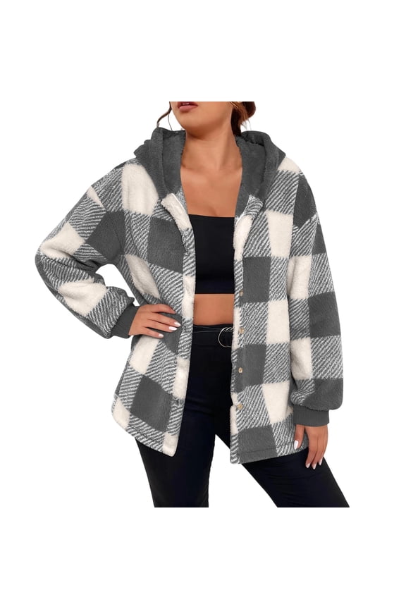 Womens Plaid Shacket Jacket, Fuzzy Sherpa Hooded Coat, Long Sleeve Button Down Outerwear, Multi-Color Checkered Thicken Warm Jacket 2025 Trendy Casual Loose Outwear(Gray,XXXL)
