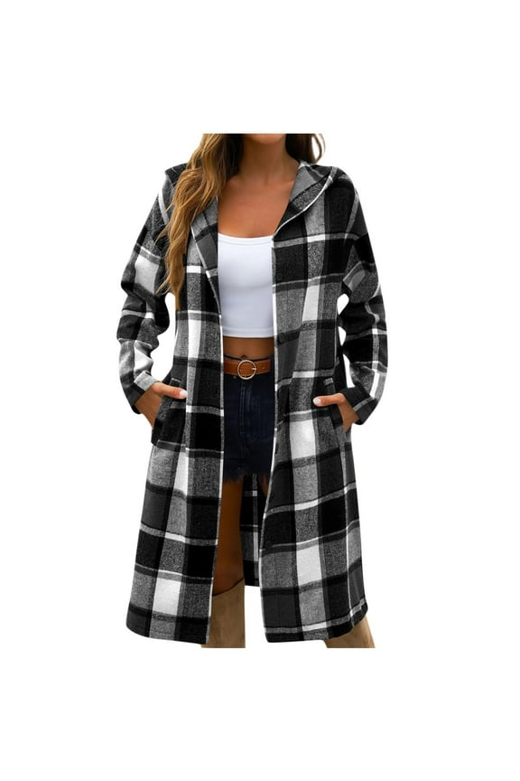Womens Plaid Shacket Jacket Long, Classic Button Down Shirt Flannel Coat with Hood Loose Pocketed Fall Winter Clothes (2XL, Black)