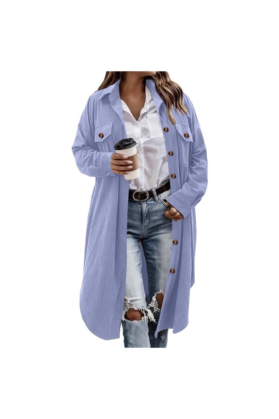 Womens Plaid Shacket Jacket Long Corduroy Shirt Casual Lapel Button Down Flannel Trench Coats