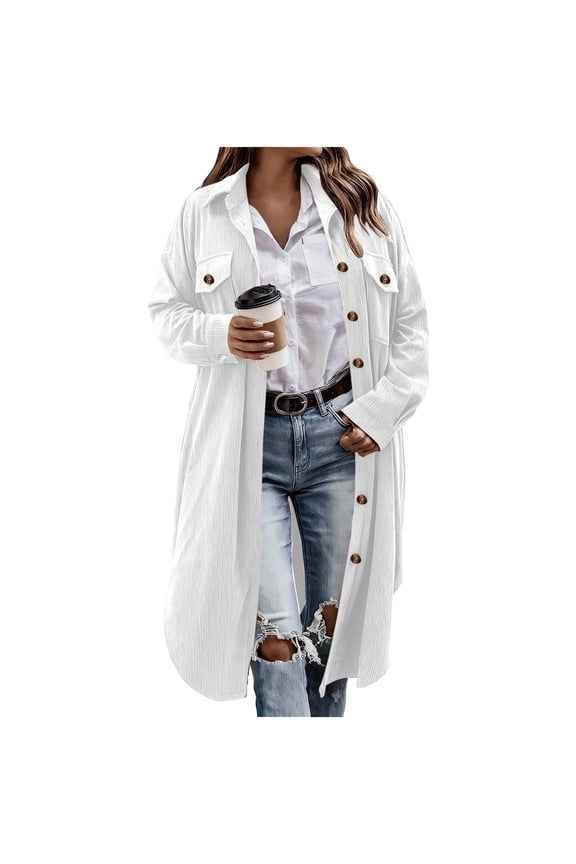 Womens Plaid Shacket Jacket Long Corduroy Shirt Casual Lapel Button Down Flannel Trench Coats