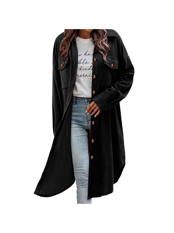 Womens Plaid Shacket Jacket Long Corduroy Shirt Casual Lapel Button down Flannel Trench Coats New Light Jackets for Women Black XXL