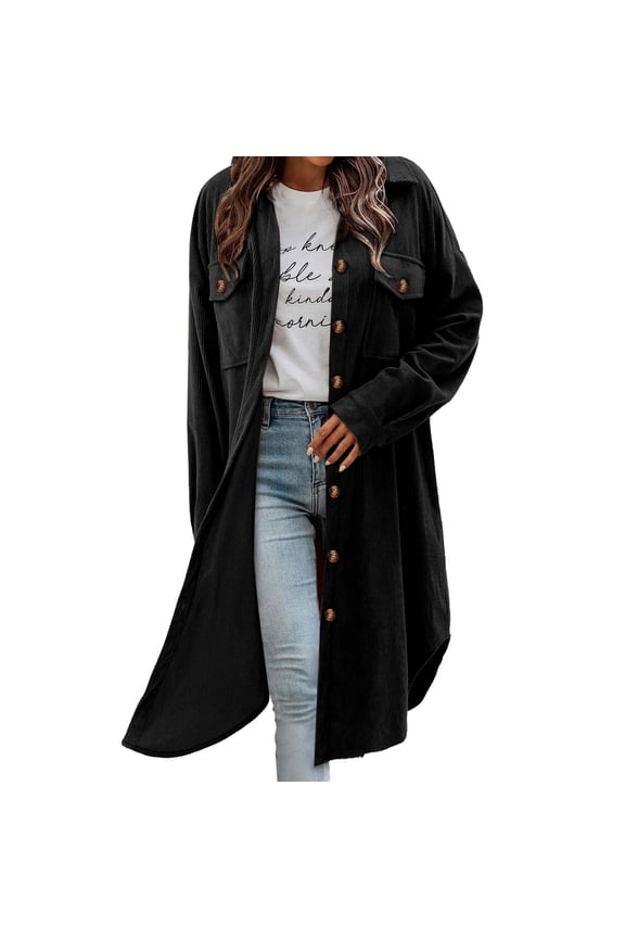 Womens Plaid Shacket Jacket Long Corduroy Shirt Casual Lapel Button down Flannel Trench Coats New Light Jackets for Women Dressy Black XL