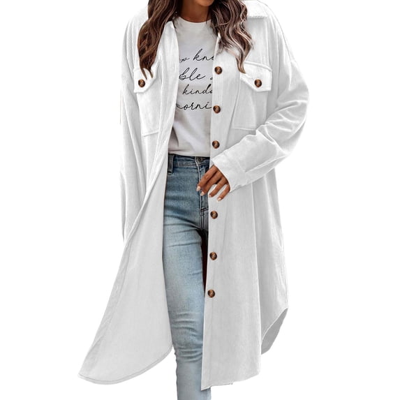 Womens Plaid Shacket Jacket Long Corduroy Shirt Casual Lapel Button down Flannel Trench Coats New Plus Size Jackets for Women Lightweight White XXL