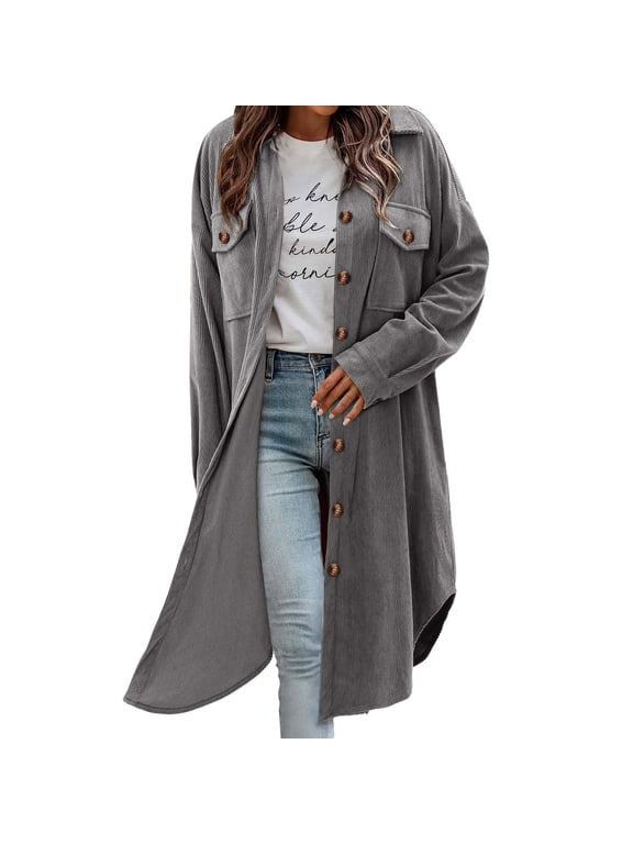 Womens Plaid Shacket Jacket Long Corduroy Shirt Casual Lapel Button down Flannel Trench Coats New Windbreaker Jacket Women Fall Gray XL
