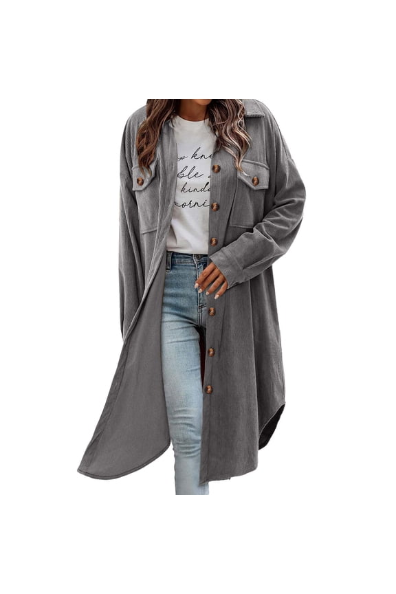 Womens Plaid Shacket Jacket Long Corduroy Shirt Casual Lapel Button down Flannel Trench Coats New Women Jackets Casual Gray M