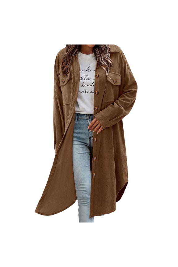 Womens Plaid Shacket Jacket Long Corduroy Shirt Casual Lapel Button down Flannel Trench Coats New Women Plus Size Light Raincoat Brown S