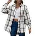 thumbnail image 1 of Womens Plaid Shacket Jacket Long Corduroy Shirt Fashion Print Casual Long Sleeve Turndown Collar Button Shirt Tops Fall Fashion Plaid Shirt Blouses Women White,M, 1 of 8