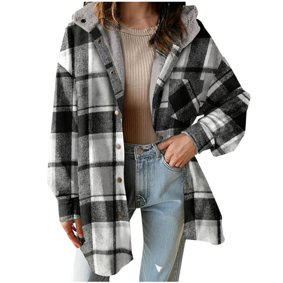 Womens Plaid Shacket Jacket Long Sleeve Button Down Fleece Hooded Jackets Lightweight Fall Winter Warm Coat Outerwear