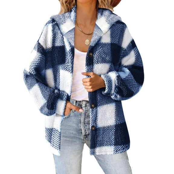 Womens Plaid Shacket Jacket Long Sleeve Button Down Fleece Hooded Jackets Warm Coat Women Plaid Shirts