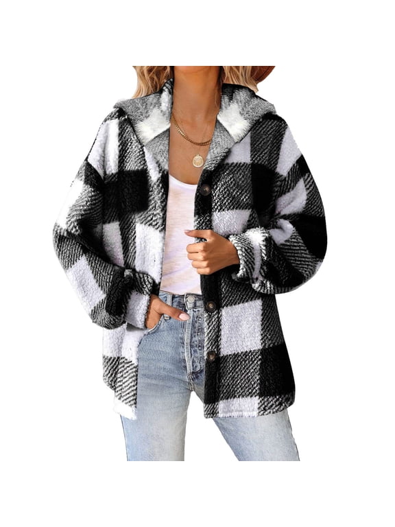 Womens Plaid Shacket Jacket Long Sleeve Button Down Fleece Hooded Jackets Warm Coat Women Plaid Shirts