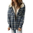 thumbnail image 1 of Womens Plaid Shacket Jacket Long Sleeve Button Down Fleece Hooded Jackets Warm Coat, 1 of 6