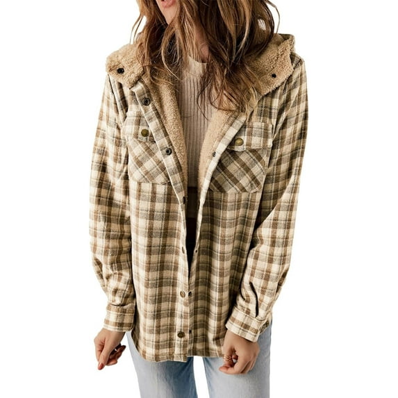 Womens Plaid Shacket Jacket Long Sleeve Button Down Fleece Hooded Jackets Warm Coat