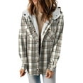 thumbnail image 1 of Womens Plaid Shacket Jacket Long Sleeve Button Down Fleece Hooded Jackets Warm Coat, 1 of 6