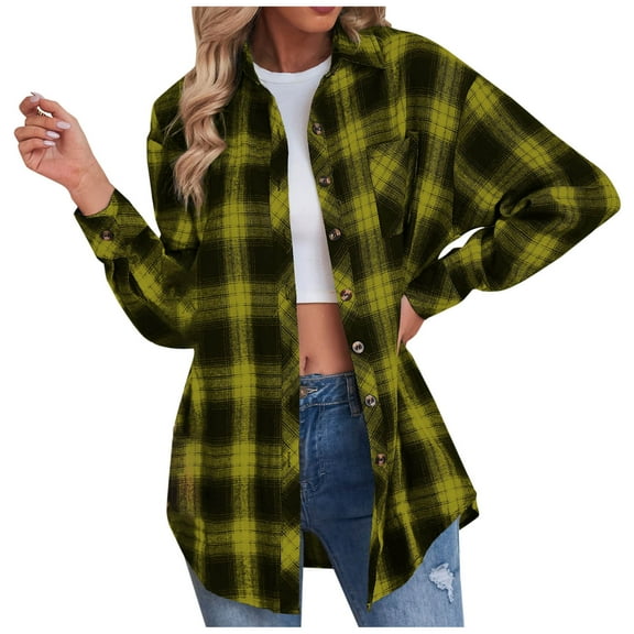 Womens Plaid Shacket Jacket Long Sleeve Fashion Print Casual Long Sleeve Turndown Collar Button Shirt Tops Winter Clothing Woolen Coats Yellow,L