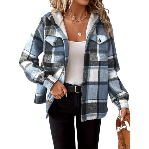 Womens Plaid Shacket Jacket Long Sleeve Fleece Hooded Jackets Fall Winter Warm Coat Light Blue M