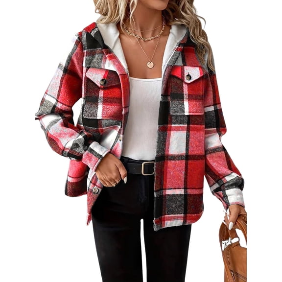 Womens Plaid Shacket Jacket Long Sleeve Fleece Hooded Jackets Fall Winter Warm Coat Red S