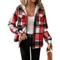 thumbnail image 1 of Womens Plaid Shacket Jacket Long Sleeve Fleece Hooded Jackets Fall Winter Warm Coat Red XL, 1 of 7