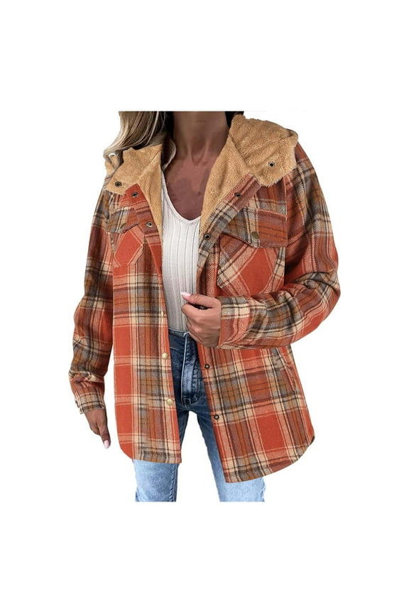 Womens Plaid Shacket Jacket Long Sleeve Hooded Jackets Fall Winter Warm Orange, XXL