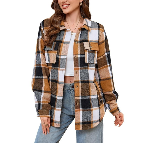 Womens Plaid Shacket Jacket Sherpa Fleece Lined Jackets Casual Loose Button Up Warm Coat with 4 Pockets for Christmas