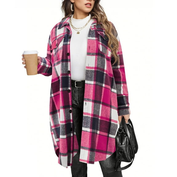 Womens Plaid Shacket Jacket Titcea Fall Lapel Long Sleeve Button Up Flannel Shirt with Pockets Trendy Cozy Winter Woolen Coats