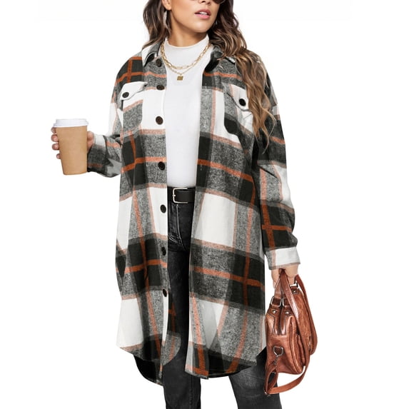 Womens Plaid Shacket Jacket Titcea Fall Lapel Long Sleeve Button Up Flannel Shirt with Pockets Trendy Cozy Winter Woolen Coats