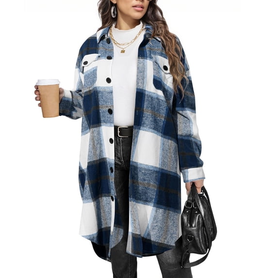 Womens Plaid Shacket Jacket Titcea Fall Lapel Long Sleeve Button Up Flannel Shirt with Pockets Trendy Cozy Winter Woolen Coats