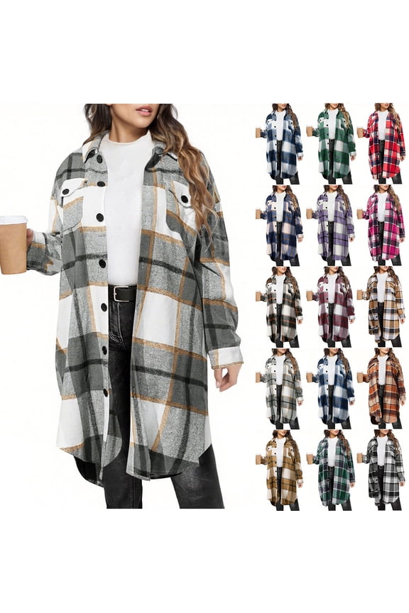 Womens Plaid Shacket Jacket Titcea Fall Lapel Long Sleeve Button Up Flannel Shirt with Pockets Trendy Cozy Winter Woolen Coats