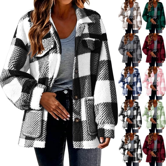 Womens Plaid Shacket Jacket with Patch Pockets,Button Down Turned-Down Collar Warm Fleece Fall Winter Coat