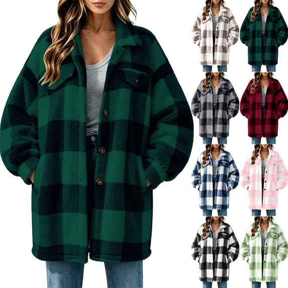 Womens Plaid Shacket Jacket with Pockets,Button Down Turned-Down Collar Warm Fleece Coat for Fall and Winter
