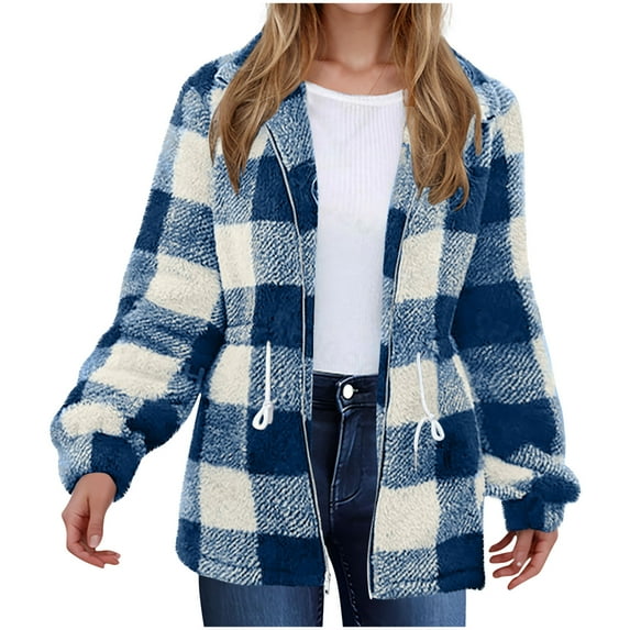 Womens Plaid Shackets Jackets Fleece Sherpa Jacket Fall Winter Full Zip Overcoat with Pocket