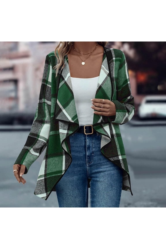 Womens Plaid Shawl Collar Cardigan, Open Front Flannel Jacket Plaid Shacket Asymmetrical Fall Coats Green S