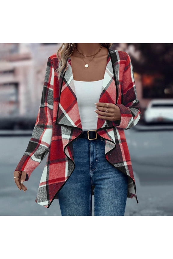 Womens Plaid Shawl Collar Cardigan, Open Front Flannel Jacket Plaid Shacket Asymmetrical Fall Coats L , Ladies Outerwear