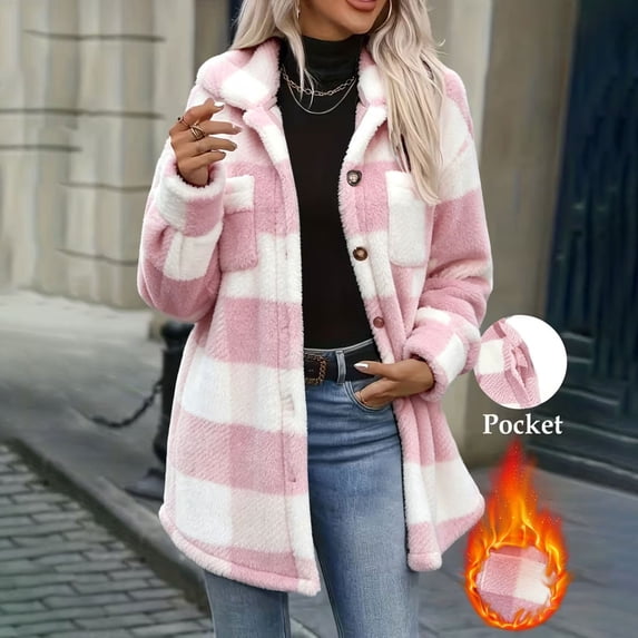 Womens Plaid Sherpa Lined Coat Button Down Lapel Collar Mid Length Fleece Warm Winter Jacket Pink L